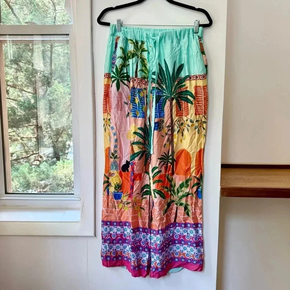 Seafolly On Vacation Silk Wide-Leg Drawstring Pants Medium